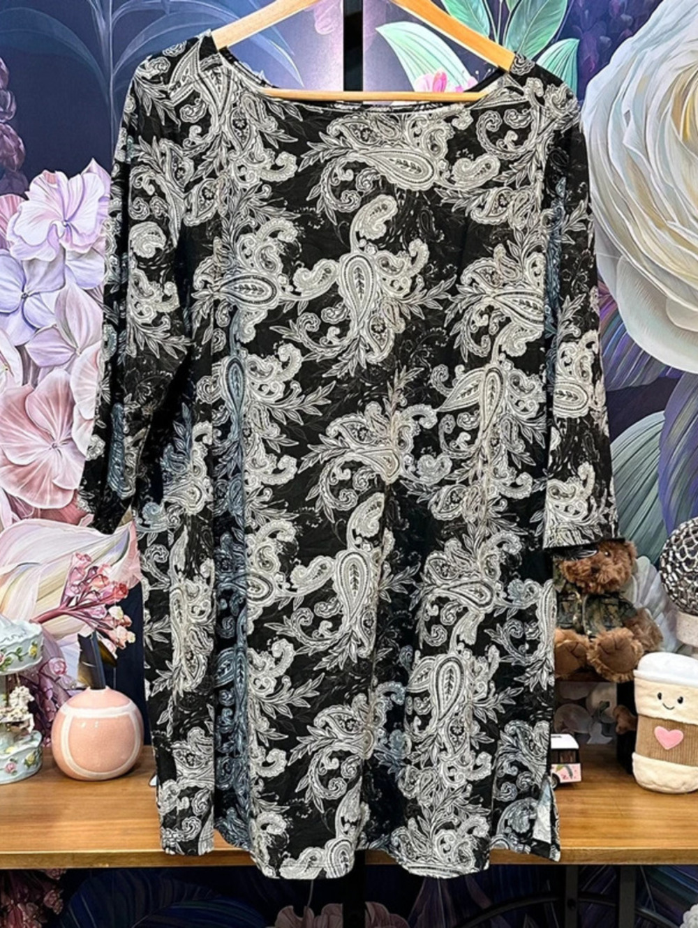 Roaman's L 18/20 Tunic Top/Dress Paisley 100% Cotton 3/4 Sleeve Boho Black